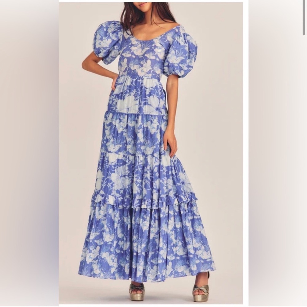 LoveShackFancy karalie blue floral dress in salty seas